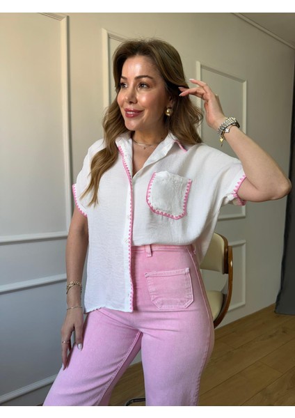 Ekru Pembe Nakışlı Gömlek