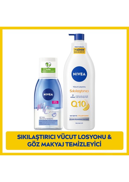 Çift Fazlı Göz Makyaj Temizleme Suyu 125ml ve Q10 Sıkılaştırıcı Vücut Losyonu 400ml, Pamuk Hediye