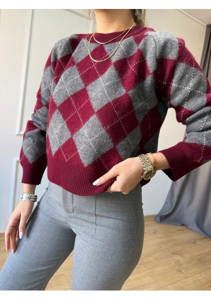 Bordo Gri Baklava Desen Kazak