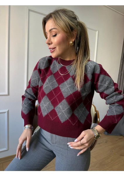 Bordo Gri Baklava Desen Kazak modelleri