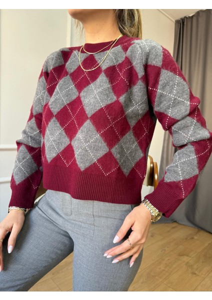 Bordo Gri Baklava Desen Kazak indirimleri