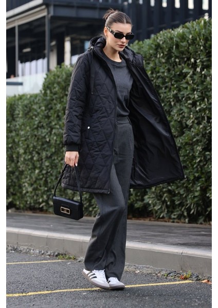 5138 Kapitone Uzun Şişme Mont - Siyah fırsatları