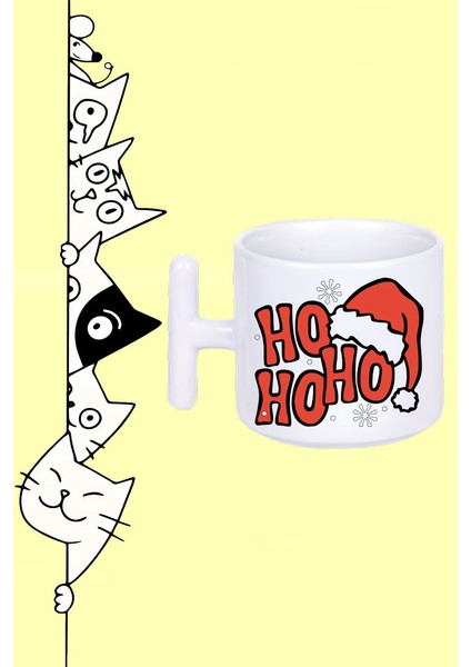 Ho Ho Ho Noel Şapka Yeni Yıl Yılbaşı Tasarım Baskılı Beyaz T Sap Kupa Bardak