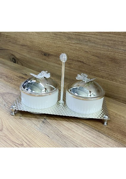 Şık Kapaklı Çerezlik ve Reçellik Sunumluk, Metal Standlı, Gümüş Renk