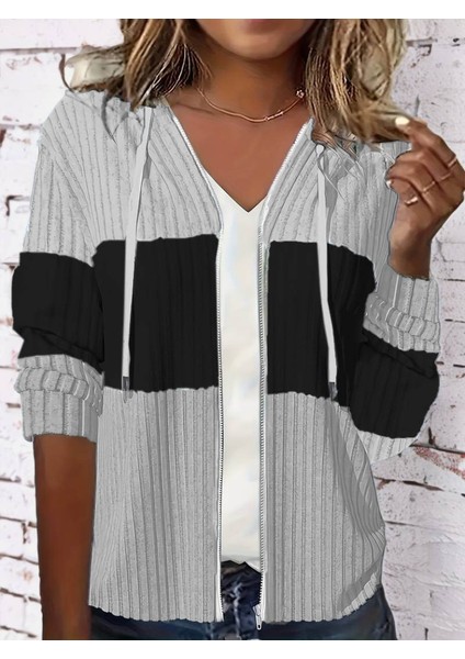 Kadın Uzun Kollu Kapşonlu Önden Fermuarlı Blok Desenli Şardonlu Kaşkorse Ceket indirimleri