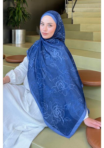 Çiçek Desen Soft Şal Lacivert