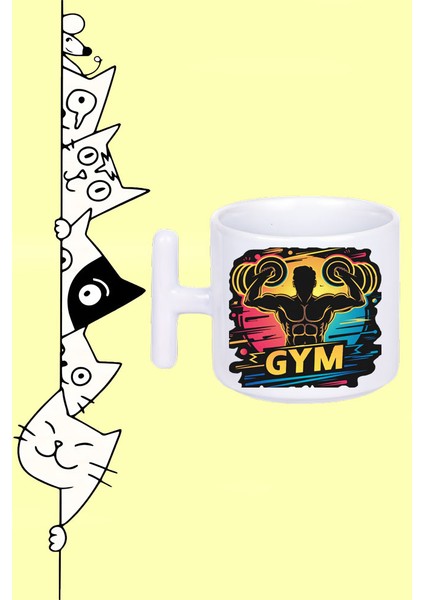 Gym Fitness Barbell Spor Tasarım Baskılı Beyaz T Sap Kupa Bardak