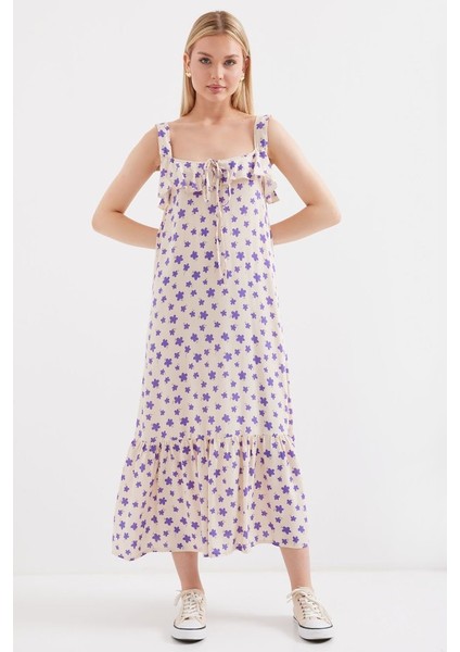 2237 Desenli Askılı Viskon Elbise - Lila