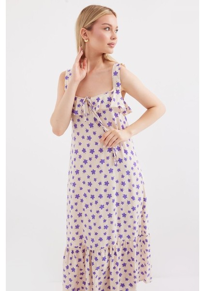 2237 Desenli Askılı Viskon Elbise - Lila fırsatları