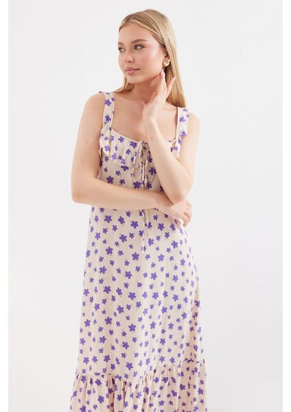 2237 Desenli Askılı Viskon Elbise - Lila