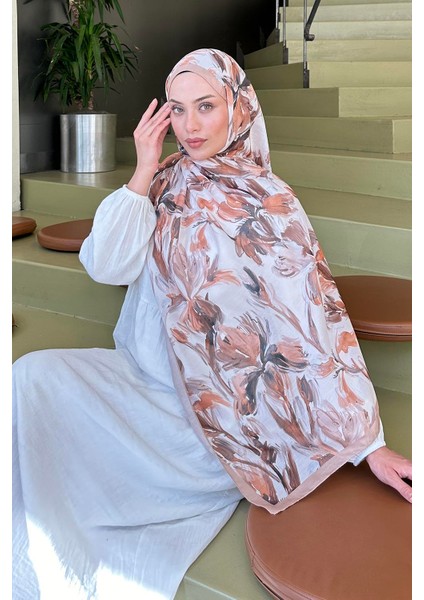 Çiçek Desen Soft Şal Bej