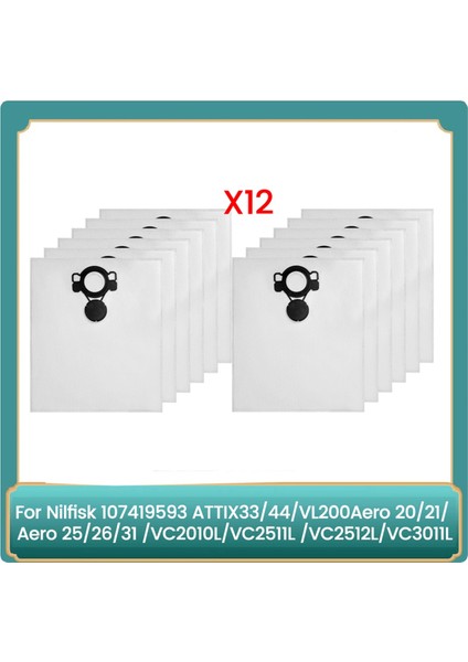 Nilfisk 107419593 ATTIX33/44, VL200AERO 20/21, Aero 25/26/31, VC2010L/VC2511 Elektrikli Süpürge Parçaları Için 12 Adet Toz Torbası (Yurt Dışından)