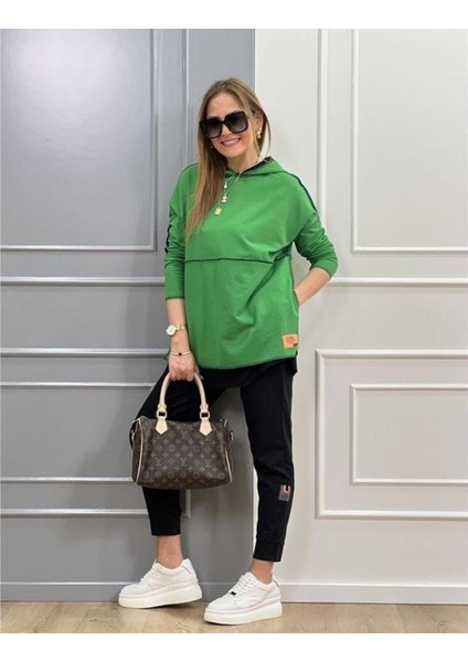 Kadın Yeşil Kapşonlu Etek Ucu Detay Arma Ters Dikiş Gorunumlu Ikili Takım modelleri