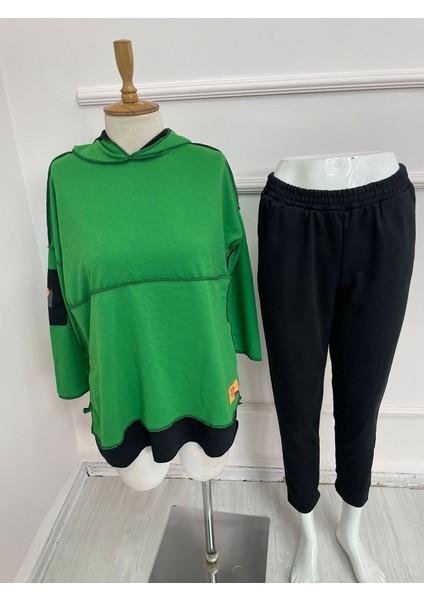 Kadın Yeşil Kapşonlu Etek Ucu Detay Arma Ters Dikiş Gorunumlu Ikili Takım