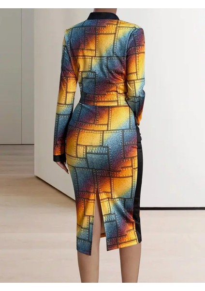 Kadın Uzun Kollu Askılı Yuvarlak Yaka Desenli Dalgıç Bluz Ceket ve Etek Üçlü Takım fiyatları