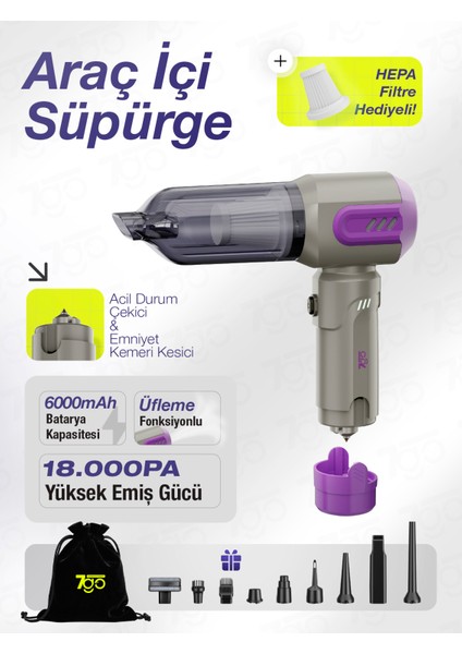 Ahv-14 2'si 1 Arada Kablosuz Araç Içi Süpürge Mor | 18000PA Güçlü Vakum + Üfleme | Cam Kırıcı & Kemer Kesici Acil Durum Özellikli