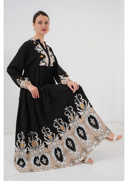 2423 Otantik Desenli Tesettür Elbise - Siyah 6