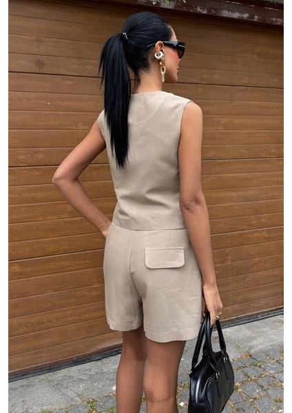 Yelek Şort Flamlı Keten Takım 10133-17