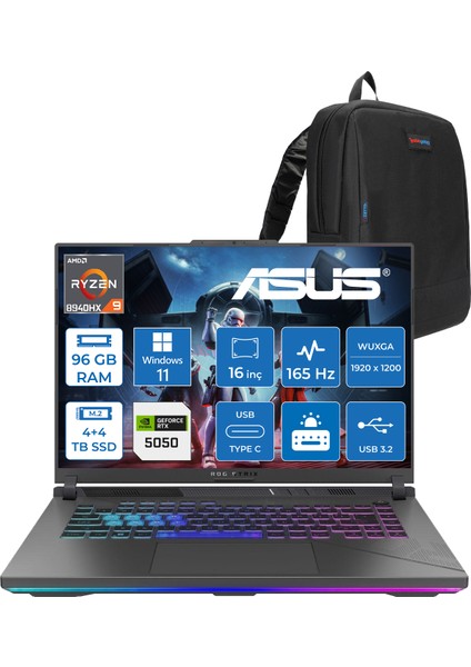 Rog Strix G16 G614PH Amd Ryzen 9 8940HX Aı 96GB GB 4tb SSD +4tb SSD 8GB/RTX5050 Gddr7 115W 16" Wuxga 165Hz 300NİTS Windows 11 Home Taşınabilir Bilgisayar WARV057H48+ZETTAÇANTA