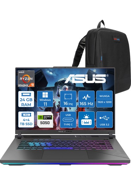 Rog Strix G16 G614PH Amd Ryzen 9 8940HX Aı 24GB GB 4tb Ssd+4tb SSD 8GB/RTX5050 Gddr7 115W 16" Wuxga 165Hz 300NİTS Windows 11 Pro Taşınabilir Bilgisayar WARV057P08+ZETTAÇANTA
