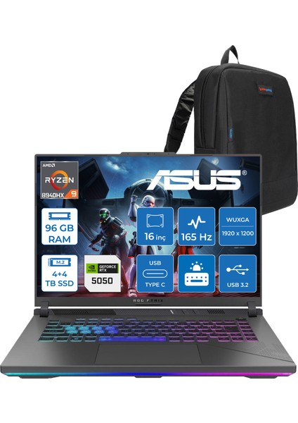 Rog Strix G16 G614PH Amd Ryzen 9 8940HX Aı 96GB GB 4tb SSD +4tb SSD 8GB/RTX5050 Gddr7 115W 16" Wuxga 165Hz 300NİTS Freedos Taşınabilir Bilgisayar WARV057F48+ZETTAÇANTA