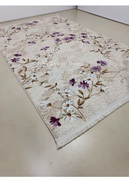 Elit Saçaklı Lila Kahve Çiçekli Kabartmalı Kaymaz Taban Yıkanabilir Kesme Yolluk Halı