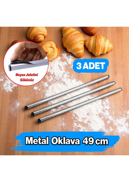 (3 Adet) Alüminyum Silindir Yuvarlak Metal Oklava 49 cm Mutfak Börek Hamur Un Yufka Açma Krom Renk