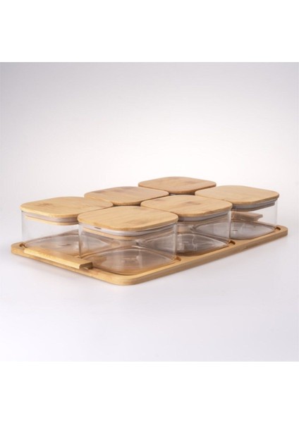 Bambu ve cam kapaklı 6'lı kahvaltılık seti, şık ve kullanışlı, BEJ renk, 36x22x6cm fiyatları