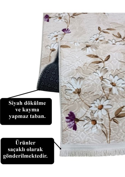 Elit Saçaklı Lila Kahve Çiçekli Kabartmalı Kaymaz Taban Yıkanabilir Kesme Yolluk Halı