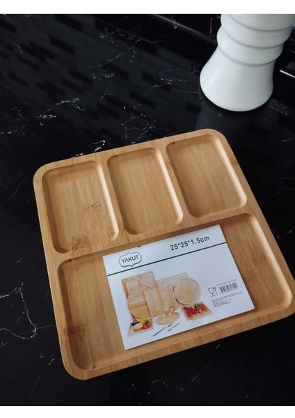 Dört bölmeli doğal bambu sunumluk, şık ve kullanışlı sunum aksesuarı, bej renk