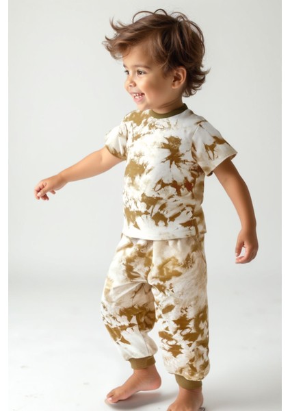 Unisex Çocuk Batik Desenli Pijama Takımı - Camel