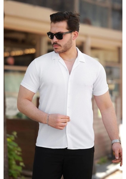 Erkek Ottoman Kumaş Apaj Yaka Kısa Kollu Gömlek