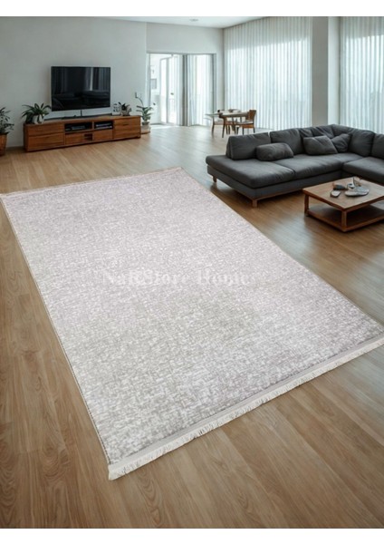 Düz Desen Bej Saçaklı Kaymaz Taban Kesme Yıkanabilir Halı Yolluk