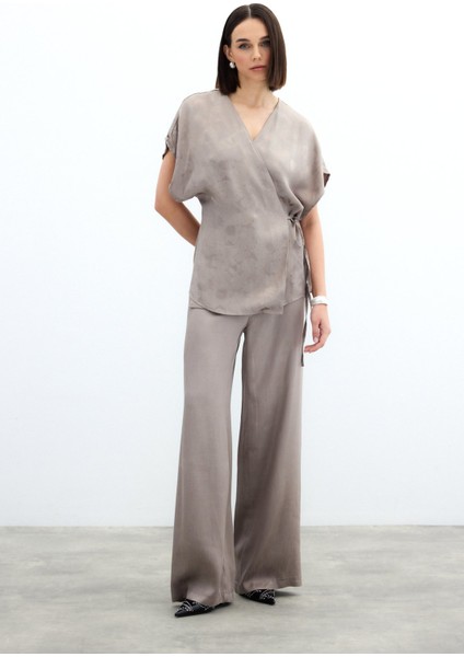 Bağlamalı Jakarlı Saten Bluz - Vizon fiyatları