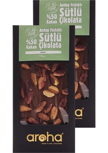 İkili Avantaj Paket. %50 Kakao Antep Fıstıklı Sütlü Çikolata 100 g x 2 Adet