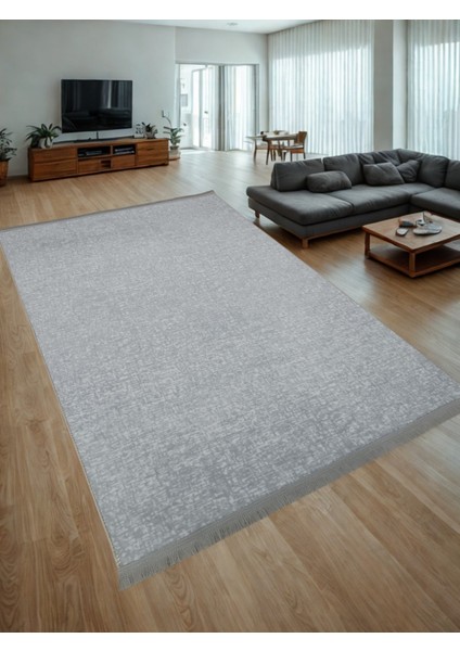 Düz Desen Gri Saçaklı Kaymaz Taban Kesme Yıkanabilir Halı Yolluk