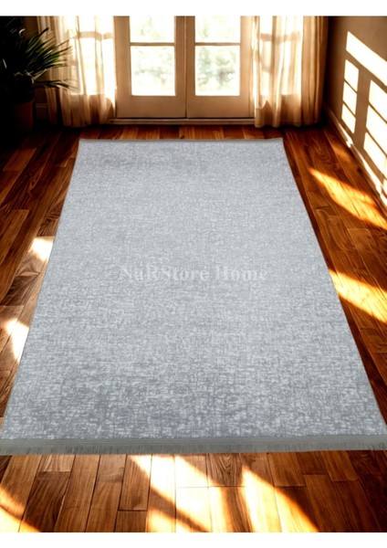 Düz Desen Gri Saçaklı Kaymaz Taban Kesme Yıkanabilir Halı Yolluk