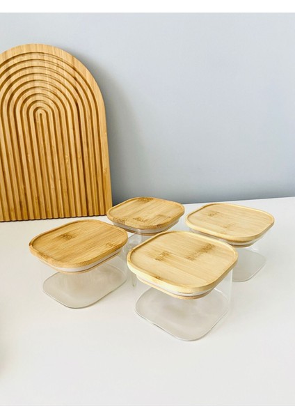 Bambu kapaklı cam kahvaltılık seti, şık ve kullanışlı 4'lü tasarım, bej renk