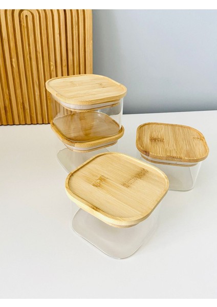 Bambu kapaklı cam kahvaltılık seti, şık ve kullanışlı 4'lü tasarım, bej renk fiyatları