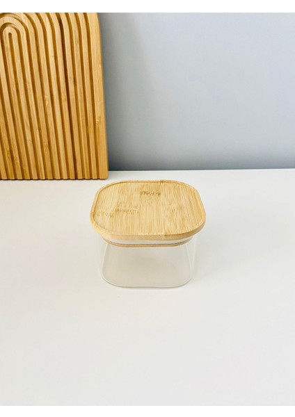 Bambu kapaklı cam kahvaltılık seti, şık ve kullanışlı 4'lü tasarım, bej renk modelleri