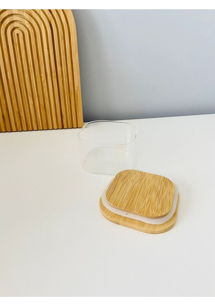 Bambu kapaklı cam kahvaltılık seti, şık ve kullanışlı 4'lü tasarım, bej renk fırsatları