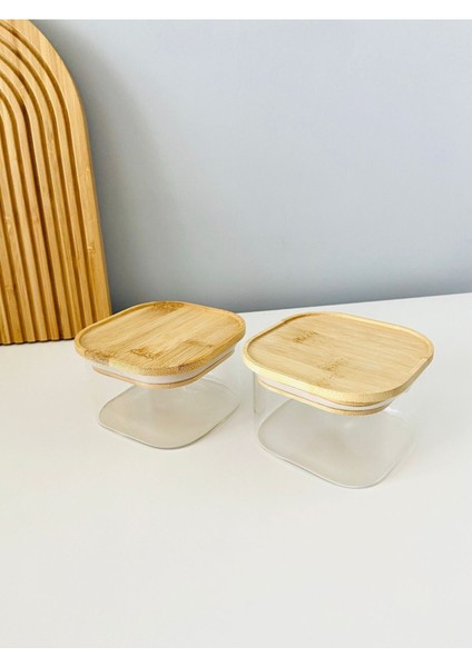 Bambu kapaklı cam kahvaltılık seti, şık ve kullanışlı 4'lü tasarım, bej renk indirimleri