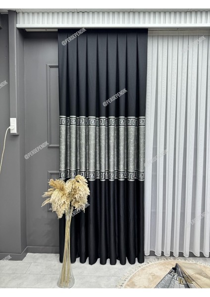 Fon Perde, Elegans Seri,göbek Orta Desen, Siyah Versace ,blackout,taç,karartma,brilant(Tek Kanat)