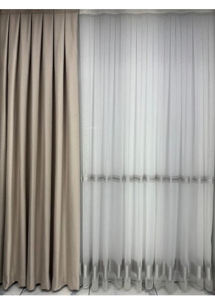 Balık Sırtı Bej Fon Perde 1/3 Sık Pile Fon Perde