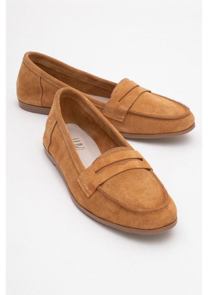 F02 Taba Süet Hakiki Deri Kadın Loafer Ayakkabı