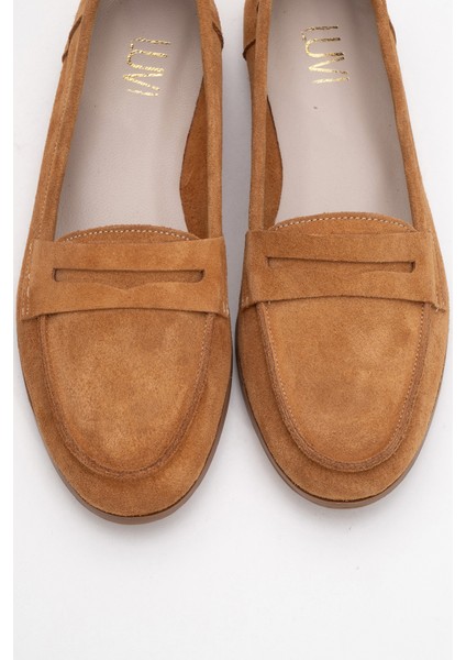 F02 Taba Süet Hakiki Deri Kadın Loafer Ayakkabı