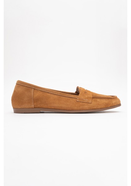 F02 Taba Süet Hakiki Deri Kadın Loafer Ayakkabı