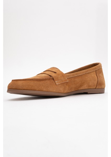 F02 Taba Süet Hakiki Deri Kadın Loafer Ayakkabı