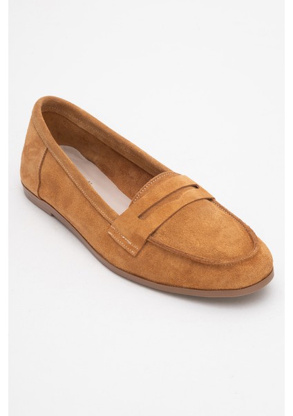 F02 Taba Süet Hakiki Deri Kadın Loafer Ayakkabı