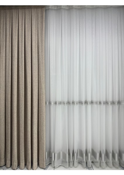 Bohem Kumaş Bej / Sütlü Kahve Fon Perde 1/3 Sık Pile modelleri